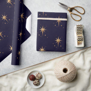 Papel De Presente Estrela Norte Dourada Elegante em fundo azul profu