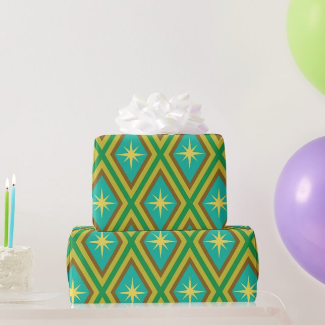 Papel De Presente Estrelas Amarelas de Meados do Século em Padrão de (Presentes para festas)