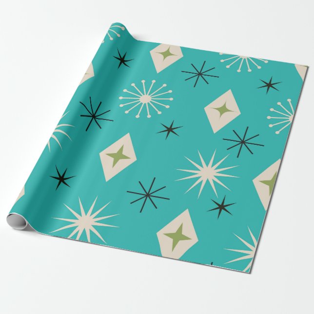 Papel De Presente Estrelas Atômicas de Meados do Século com diamante (Desenrolado)