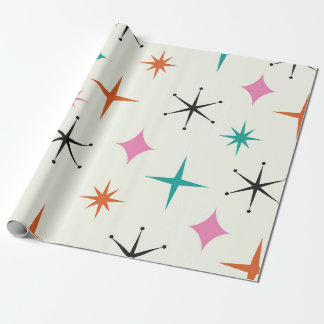 Papel De Presente Estrelas Atômicas de Meados do Século em Rosa Azul