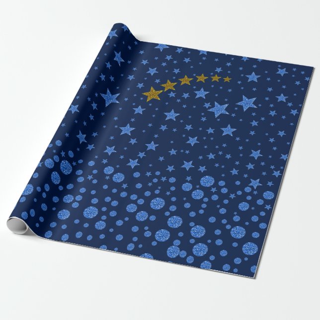 Papel De Presente Estrelas azuis cintilantes em azul (Desenrolado)