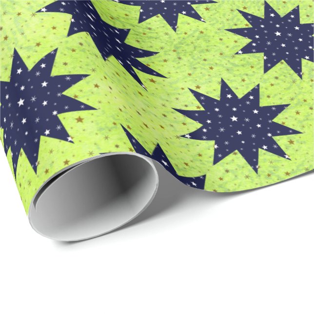 Papel De Presente Estrelas azuis e estrelas brancas e estrelas doura (Ponta do rolo)