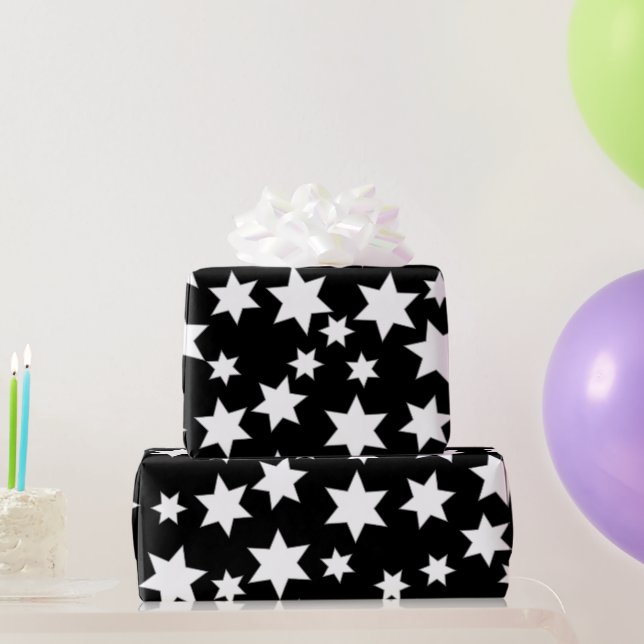 Papel De Presente Estrelas Brancas Aleatórias em Preto (Presentes para festas)