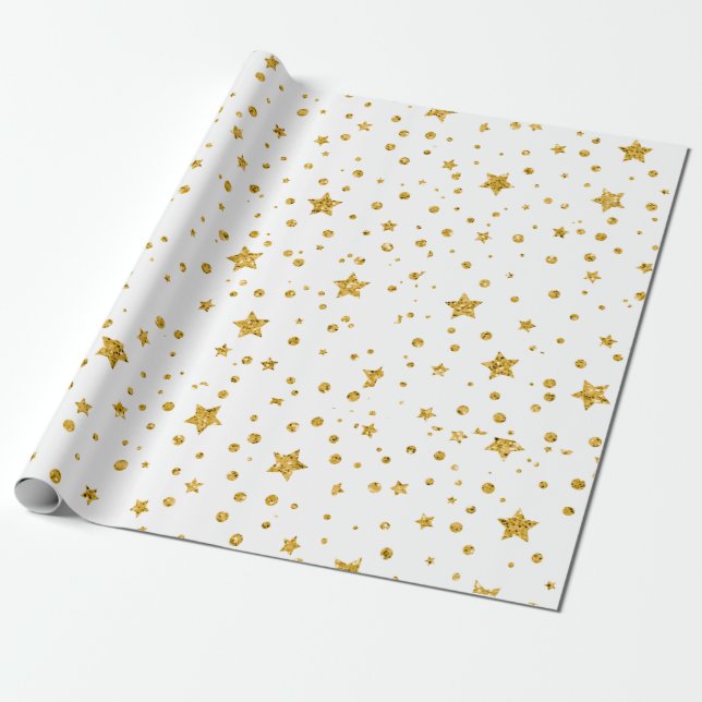 Papel De Presente Estrelas Brancas e Douradas Celestiais Modernas (Desenrolado)