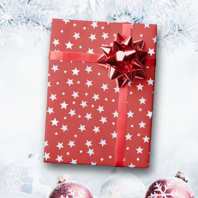 Papel De Presente Estrelas Brancas nas Férias de Natal Vermelhas (Criador carregado)