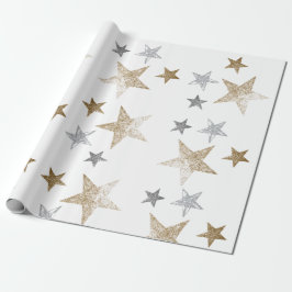 Papel De Presente Estrelas brilhantes Douradas e prateadas