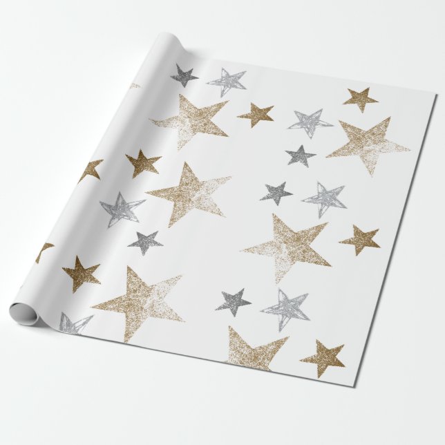 Papel De Presente Estrelas brilhantes Douradas e prateadas (Desenrolado)