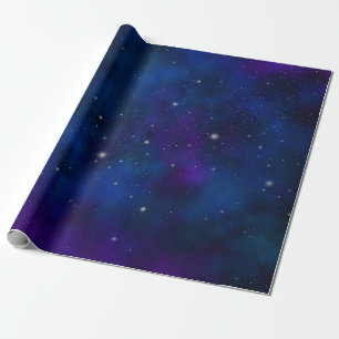 Papel De Presente Estrelas Brilhantes no Fundo Espacial Azul e Roxo