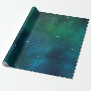 Papel De Presente Estrelas Brilhantes no Fundo Espacial Azul e Verde