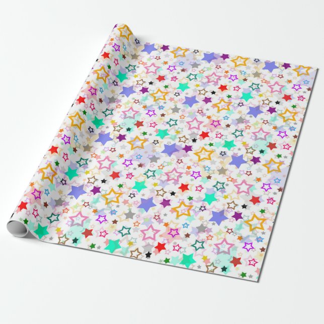 Papel De Presente Estrelas Coloridas Brancas  (Desenrolado)