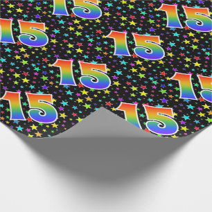 Papel De Presente Estrelas Coloridas + Padrão de Arco-íris "15" Even