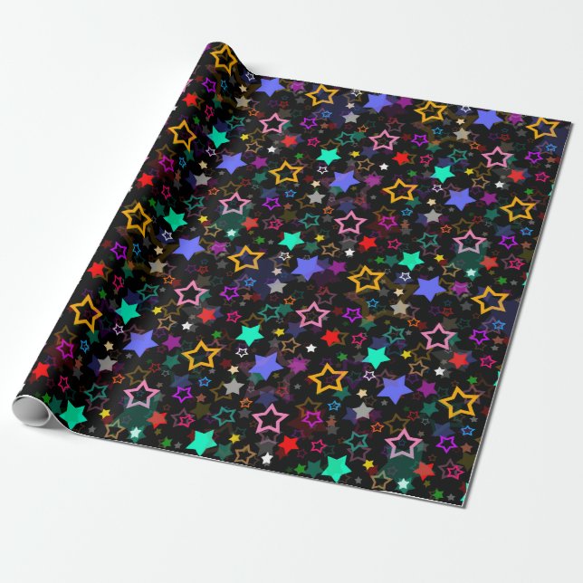 Papel De Presente Estrelas Coloridas Pretas  (Desenrolado)