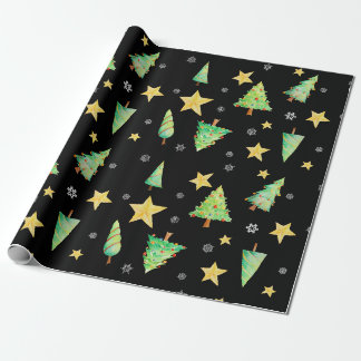 Papel De Presente Estrelas de Árvores e Flocos de Neve em Presente N