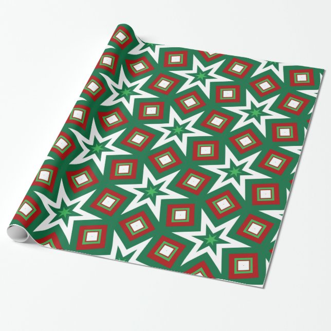 Papel De Presente Estrelas de Natal Geométricas Verde e Vermelho (Desenrolado)