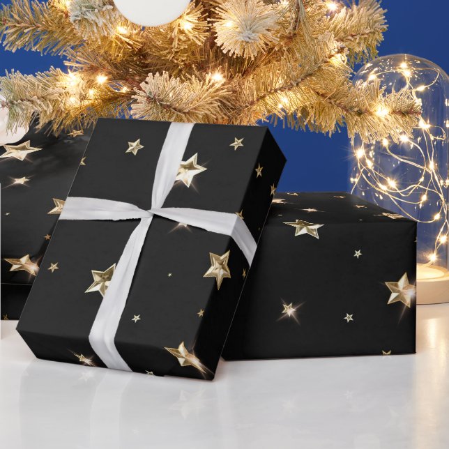 Papel De Presente Estrelas de Natal preto e Dourado Faux Metal (Feriados)