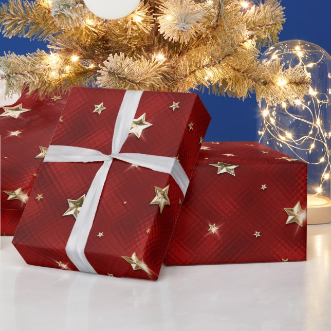 Papel De Presente Estrelas de Natal Vermelhas e Douradas de Metal Fa (Feriados)