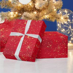 Papel De Presente Estrelas de Natal Vermelhas e Douradas e Padrão de