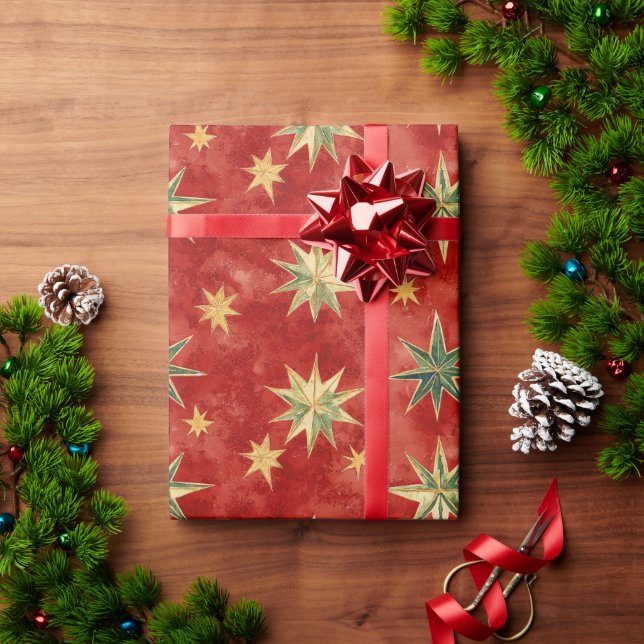 Papel De Presente Estrelas de Natal Vermelho Verde Dourado (Presente de Natal)