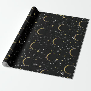 Papel De Presente Estrelas de Ouro Preto Magia da Lua Festa de Anive