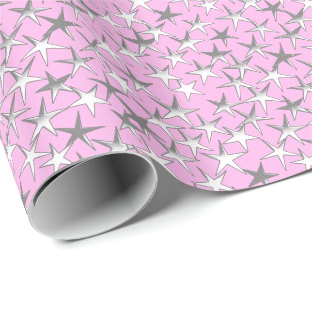 Papel De Presente Estrelas de Prata a Rosa Pastel (Ponta do rolo)