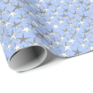 Papel De Presente Estrelas de prata, em azul pálido