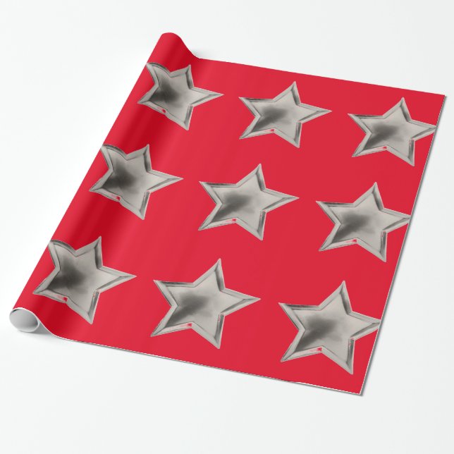 Papel De Presente Estrelas de Prata no Papel de Enrolamento Vermelho (Desenrolado)