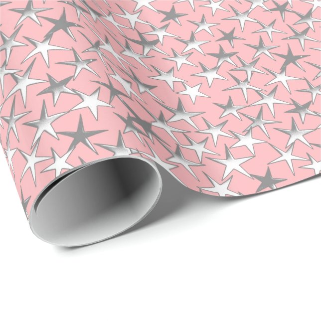 Papel De Presente Estrelas de prata, no rosa do escudo (Ponta do rolo)