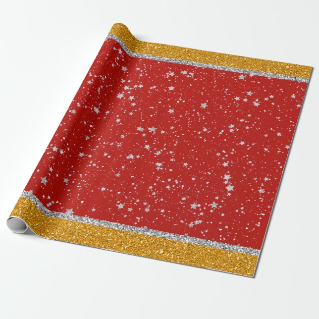 Papel De Presente Estrelas do brilho - vermelho de prata (Desenrolado)