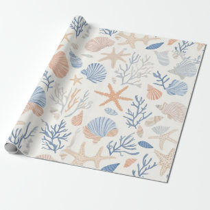 Papel De Presente Estrelas-do-Mar Conchas Marinhas Azuis Pêssego Cre