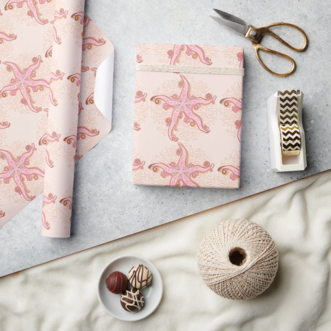 Papel De Presente Estrelas-do-mar e Coral Padrão Pastel Rosa (Artesanato)