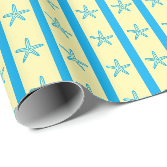 Papel De Presente Estrelas do mar e faixas de negros Verão Aniversár (Ponta do rolo)