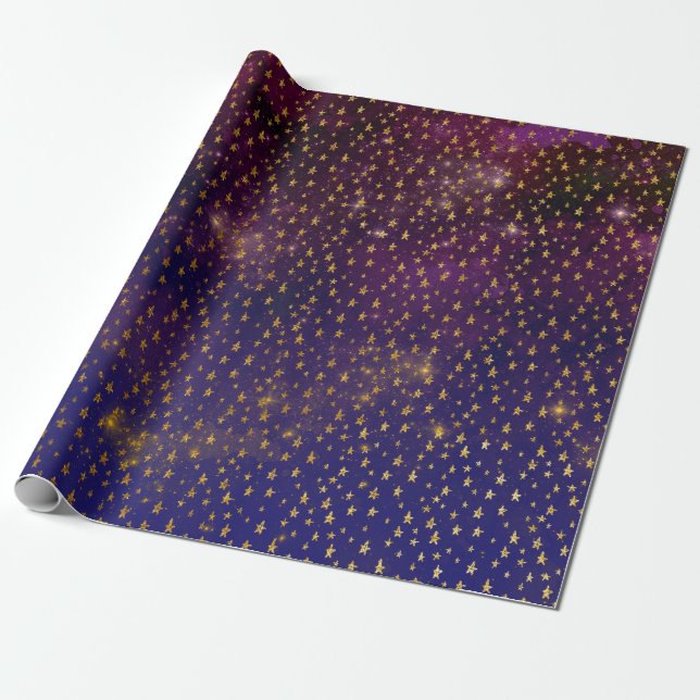 Papel De Presente Estrelas do ouro Confetti Celestial Firmaço Roxo (Desenrolado)