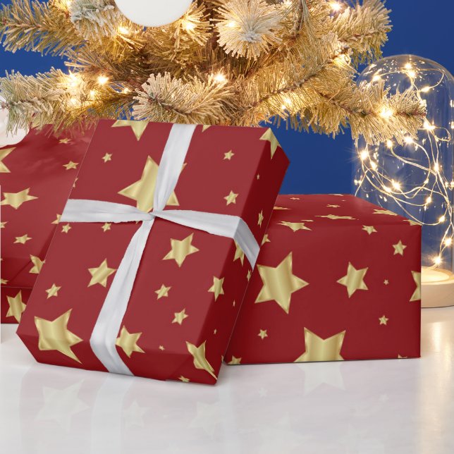 Papel De Presente Estrelas do ouro em Fundo Vermelho (Feriados)