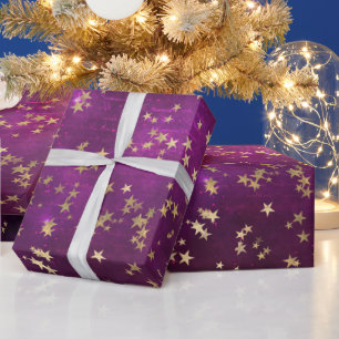 Papel De Presente Estrelas Douradas Celestiais em Fundo de Galáxia R