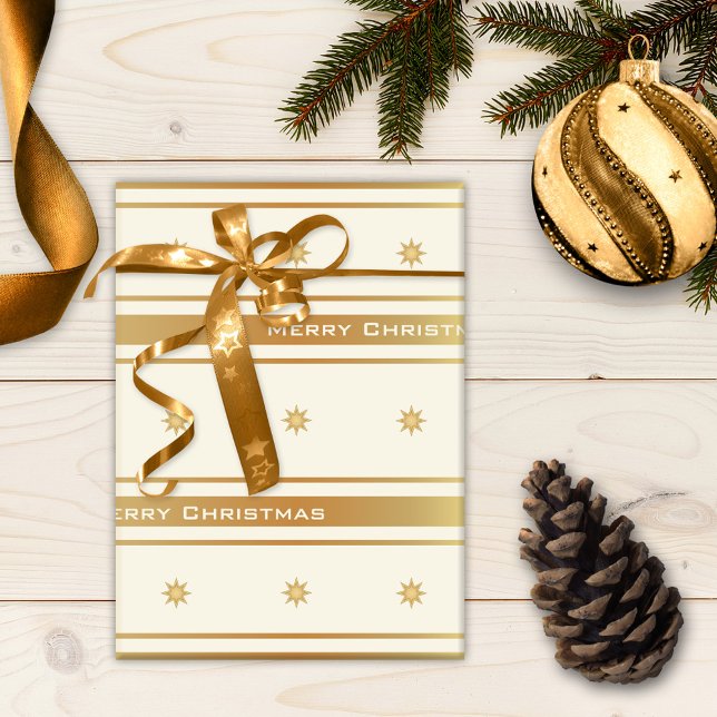 Papel De Presente Estrelas Douradas Clássicas e Stripes de Natal (Elegant classic gold striped Christmas wrapping paper with stars)