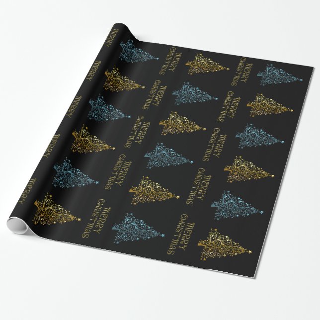 Papel De Presente Estrelas Douradas de Árvore de Natal Chic Elegante (Desenrolado)