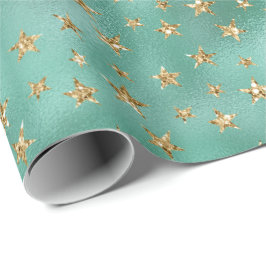 Papel De Presente Estrelas Douradas de Brilho Verde