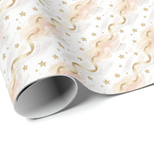 Papel De Presente Estrelas Douradas Elegantes & Aquarela Rosa  (Ponta do rolo)