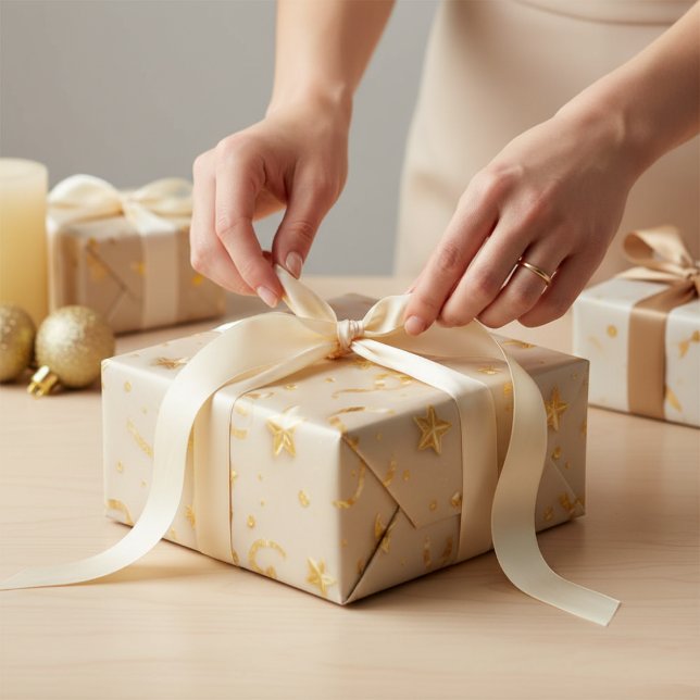 Papel De Presente Estrelas Douradas Elegantes e Celebração de Confet (Criador carregado)