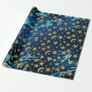 Papel De Presente Estrelas douradas elegantes e mármore azul do