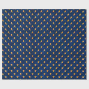 Papel De Presente Estrelas Douradas em Padrão Contínuo Azul Meia-Noi