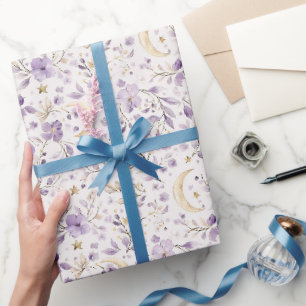 Papel De Presente Estrelas Douradas Lua Flores Roxas Aniversário