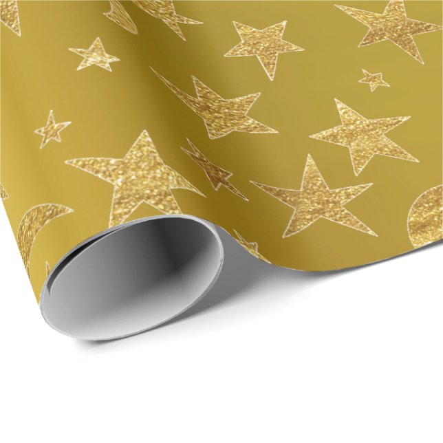 Papel De Presente Estrelas Douradas Moon Sky Metalard Amarelo (Ponta do rolo)