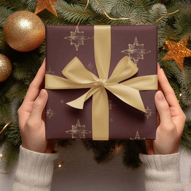 Papel De Presente Estrelas Douradas | Presentes de Borgonha de Feliz (Criador carregado)