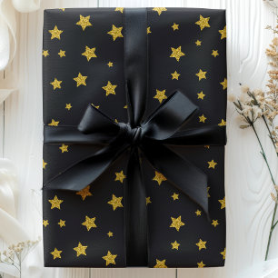 Papel De Presente Estrelas Dourado Preto Feriado Aniversário Ano Nov