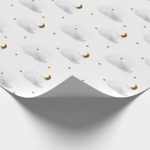Papel De Presente Estrelas Dourados, lua, & nuvens cinzentas macias