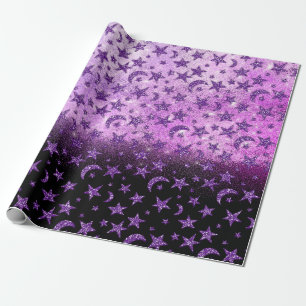Papel De Presente Estrelas e ameixa roxa preta Ombre Sparkly da lua