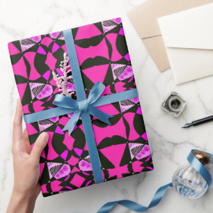 Papel De Presente Estrelas E Banhas De abstrato: Preto-Rosa