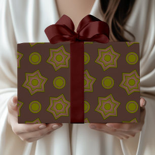 Papel De Presente Estrelas e círculos em marrom e verde