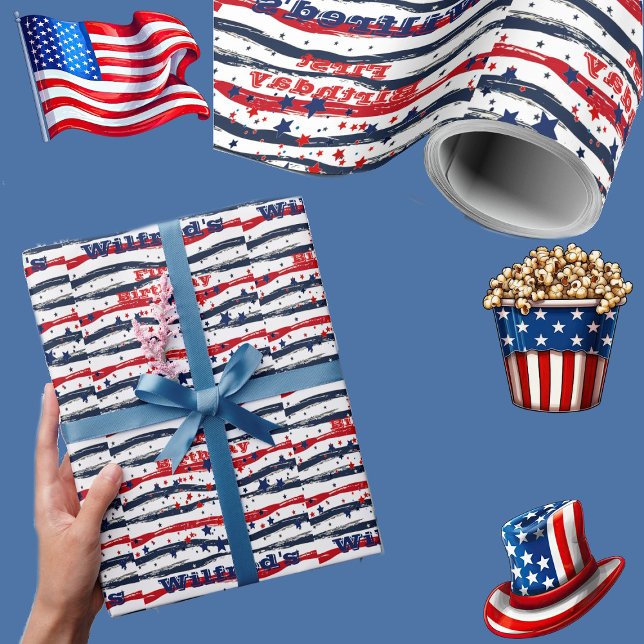 Papel De Presente Estrelas e faixas 4 de julho Vermelho Azul Branco  (Stars and Stripes 4th July Red White Blue Birthday Wrapping Paper)
